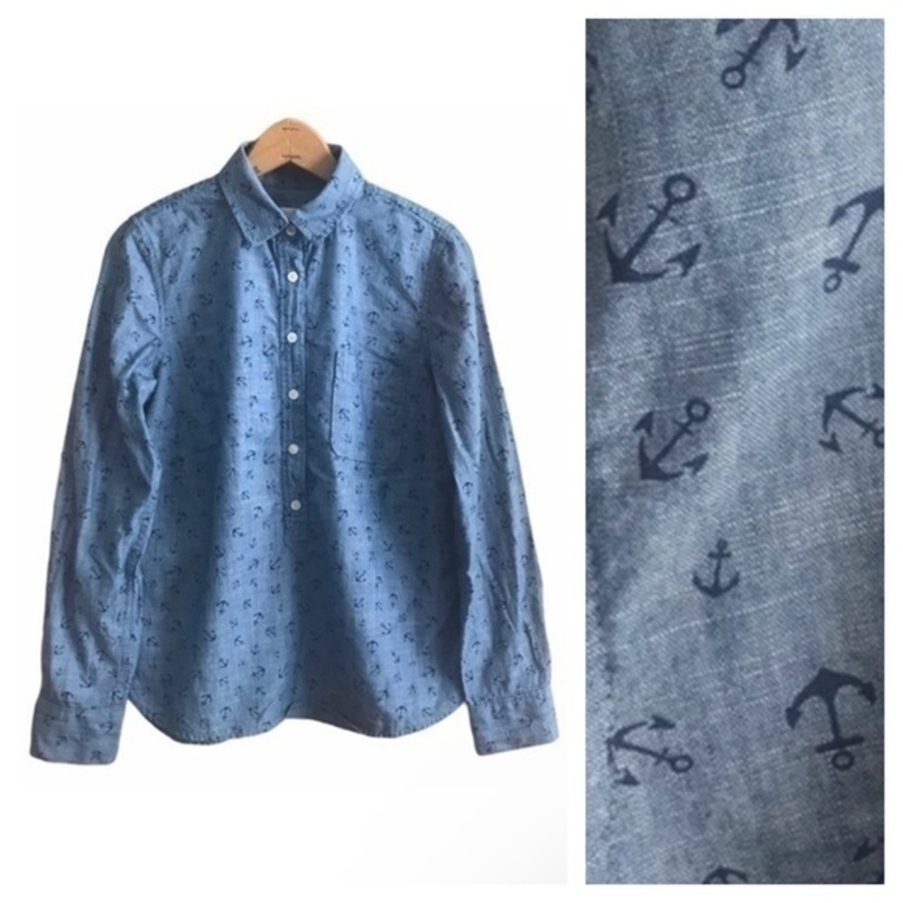 J. Crew Blue Chambray Anchor Print Pullover Shirt Small